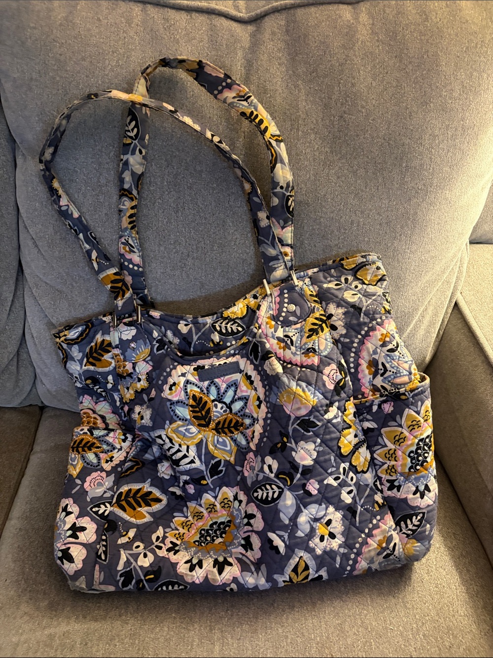 Vera Bradley Quilted Floral Shoulder Tote in Grey and Yellow